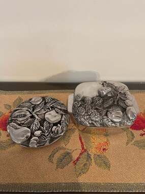 Vintage Hand-Crafted Fruit Motif Metal Box w Lid & Matching Trivet